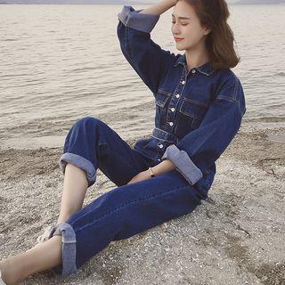 Denim Collared Long-sleeve Jumpsuit