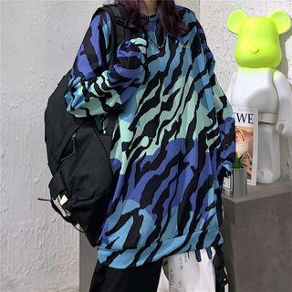 Zebra Print Long-sleeve Loose-fit T-shirt As Figure - One Size