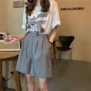 Retro Print Short-sleeve Tee / High-waist Wide Leg Dress Shorts