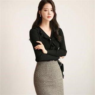 Button-front Frill-trim Knit Top Black - One Size