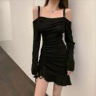Cold-shoulder Ruffle Hem Long-sleeve Mini Sheath Dress