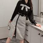 Set: Tweed Bow Lace Shirt + Tweed Midi A-line Skirt