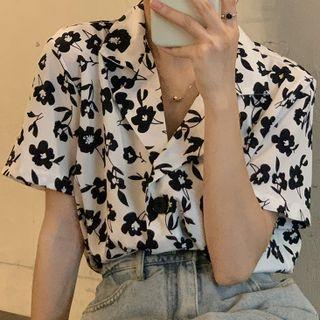 Short-sleeve Floral Shirt Black Floral - White - One Size