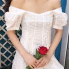 Plain Embroidered Perforated Short-sleeve Lace-up Dress