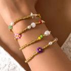Set Of 4 : Flower Bead Faux Pearl Bracelet Yellow - One Size