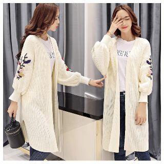 Embroidered Slit-side Long Knit Cardigan