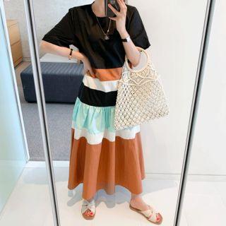 Round-neck Color-block Tiered-hem Dress