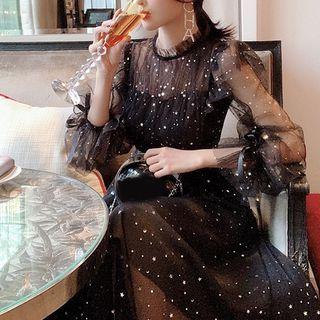 3/4-sleeve Patterned Mesh A-line Midi Dress