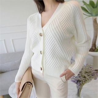 V-neck Metallic-button Rib-knit Cardigan
