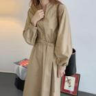 Puff-sleeve Plain Midi Shirtdress Khaki - One Size