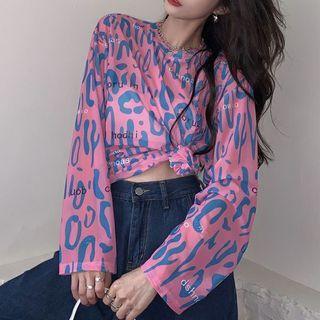 Long-sleeve Lettering Leopard Print T-shirt