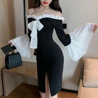 Off-shoulder Bell-sleeve Bow Ruffled Sheath Dress