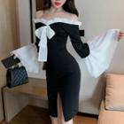 Off-shoulder Bell-sleeve Bow Ruffled Sheath Dress