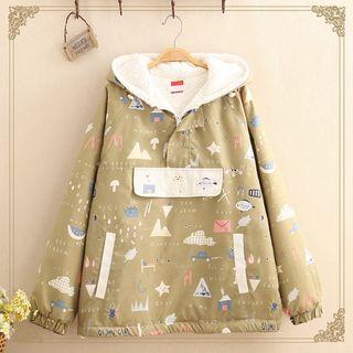 Cartoon Print Fleece-lined Hooded Pullover As Shown In Figure - One Size