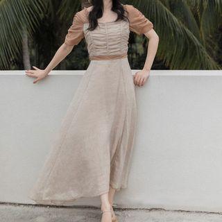 Square-neck Shirred Tie-waist Midi A-line Dress