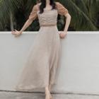 Square-neck Shirred Tie-waist Midi A-line Dress