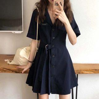 Short-sleeve Plain Blazer Dress With Belt