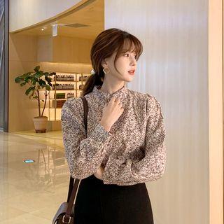 Stand-collar Shirred Floral Top Light Beige - One Size