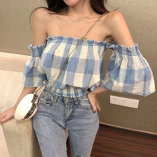 Elbow-sleeve Gingham Off Shoulder Top