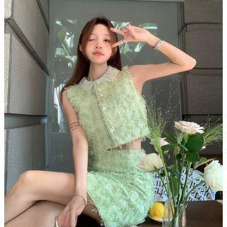 Frayed Cropped Sleeveless Top / High-waist Mini Skirt