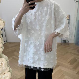 Short-sleeve Mock Two-piece Flower Mesh-panel Top