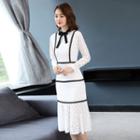 Long-sleeve Contrast-stitching Midi A-line Lace Dress