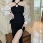 Long-sleeve Halter Off-shoulder Slit Sheath Dress