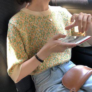 Floral Elbow-sleeve Knit Top As Shown In Figure - One Size
