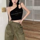 One-shoulder Lettering Cropped Camisole Top / Straight Leg Pants