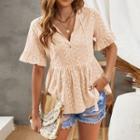 Flared-sleeve Dotted Lace Trim Peplum Blouse