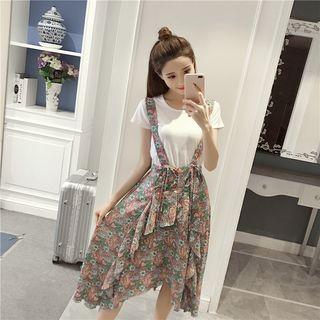 Set: Short-sleeve T-shirt + Floral Print Suspender Midi Skirt