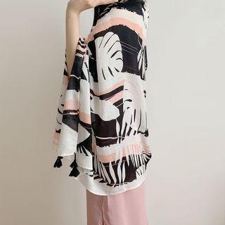 Leaf Print Satin Scarf Black - 180cm X 100cm