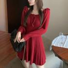 Long-sleeve Knit Ruffled Mini A-line Dress Red - One Size