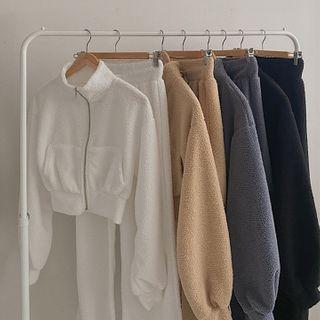 Set: Fleece Cropped Jacket + Band-waist Pants