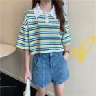 Short-sleeve Striped Polo Cropped T-shirt