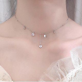 Rhinestone Heart Charm Chain Choker Silver - One Size