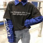 Mock Two-piece Plaid Panel Lettering Pullover / Mock Turtleneck Striped Long-sleeve Top