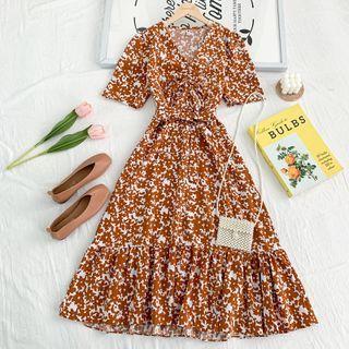 Drawstring-front Floral Midi Dress With Sash In 7 Colors