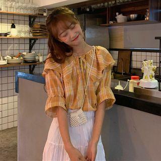 Agaric Laces Lace Up Doll Collar Short-sleeved Plaid Shirt Yellow - One Size
