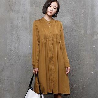 Mandarin-collar Pintuck Shirtwaist Dress