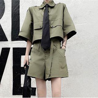 Short Sleeve Plain Front Pocket Cropped Shirt / A-line Shorts / Necktie