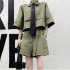 Short Sleeve Plain Front Pocket Cropped Shirt / A-line Shorts / Necktie