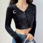 Crescent Embroidered Buttoned Cropped Velvet Top
