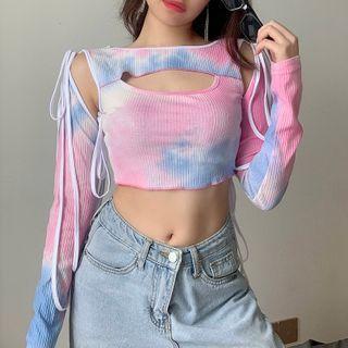 Tie-dye Print Cutout Tie-strap Cropped T-shirt