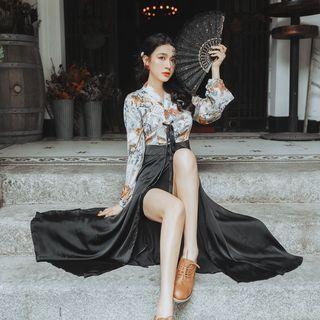 Long-sleeve Satin Paneled A-line Midi Dress