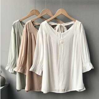 3/4-sleeve Frill Trim Ribbon Top