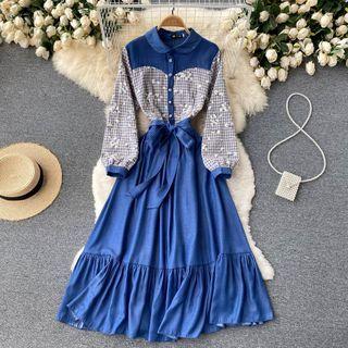 Lapel Plaid Floral Panel Denim Dress