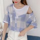 Elbow-sleeve Cold Shoulder Plaid Top