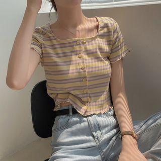 Square-neck Striped Button-up Cropped T-shirt