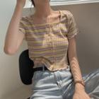 Square-neck Striped Button-up Cropped T-shirt